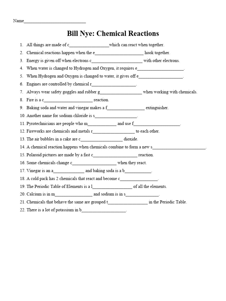 Bill Nye Chemical Reactions 2 PDF Sodium Bicarbonate Sodium Carbonate