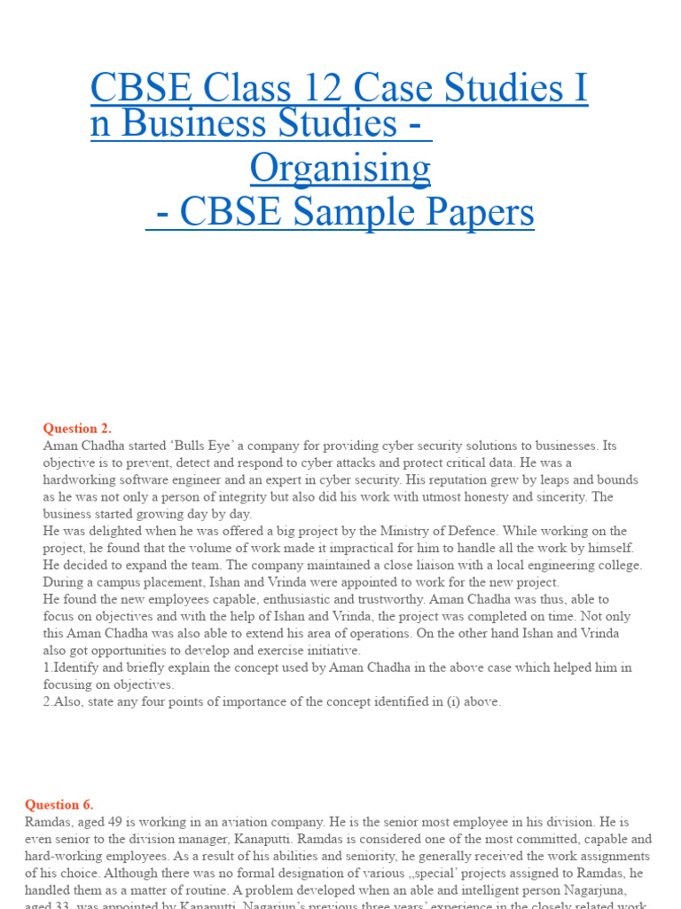 CBSE Class 12 Case Studies in Business Studies ORGANISING PDF