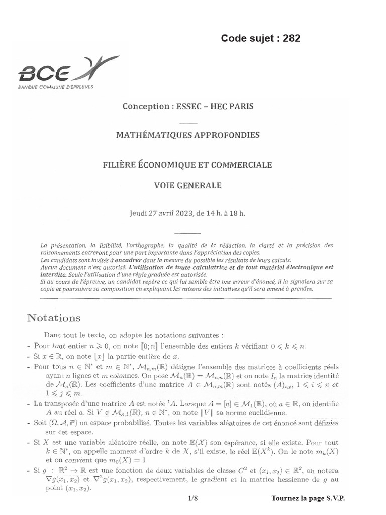 Sujet Maths HEC - Code 282 | PDF | Sciences et mathématiques | Ordinateurs