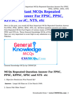 Most Important MCQs Repeated Question Answer For FPSC, PPSC, KPPSC, SPSC, NTS