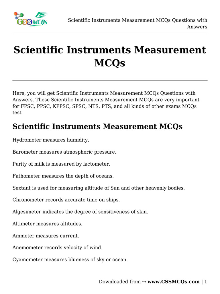 Scientific Instruments Measurement MCQs Questions With Answers PDF