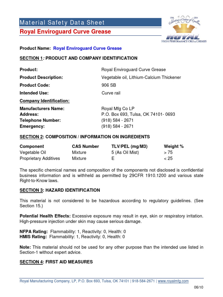 Royal Enviroguard Curve Grease Material Safety Data Sheet PDF Oils