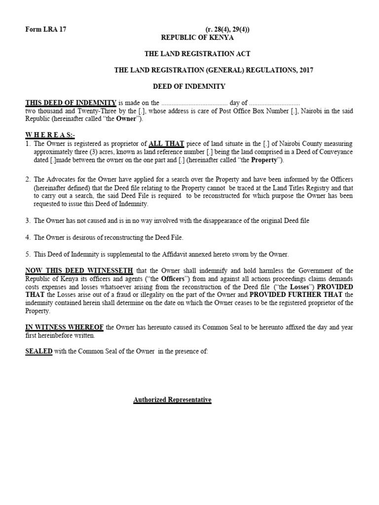 Deed of Indemnity FormLRA17 Template Download Free PDF Indemnity Property Law
