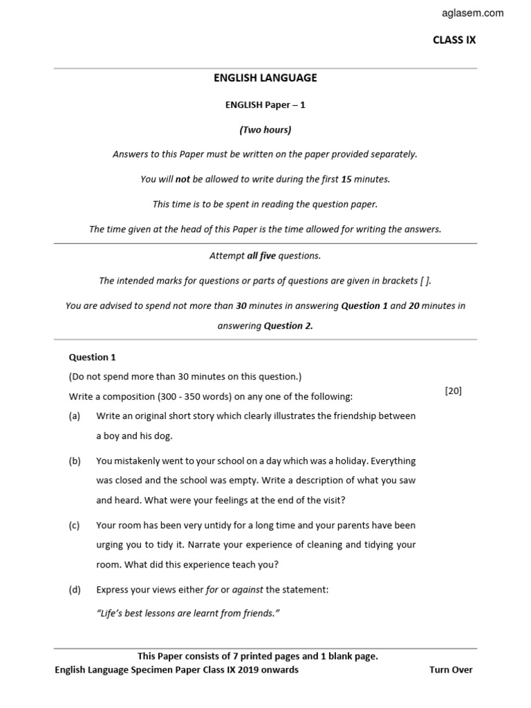 9 Sample Paper 2020 English Paper 1 ICSE PDF