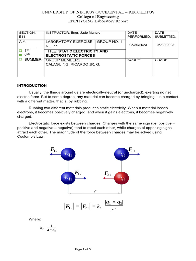 Static Electricity and Forces Lab Report | PDF | Electric Charge ...
