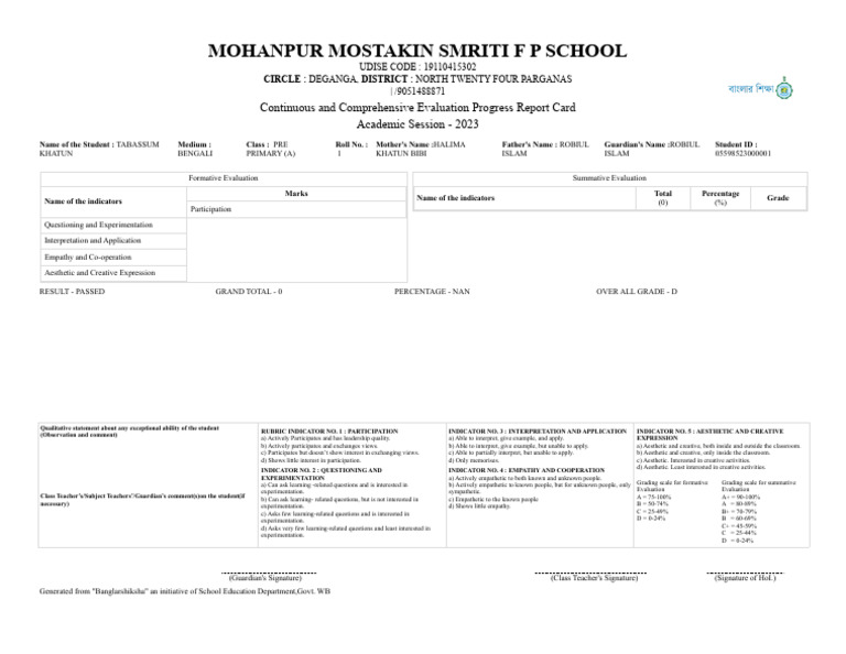 Pre-Primary Evaluation Report Card | PDF | Educational Assessment And ...