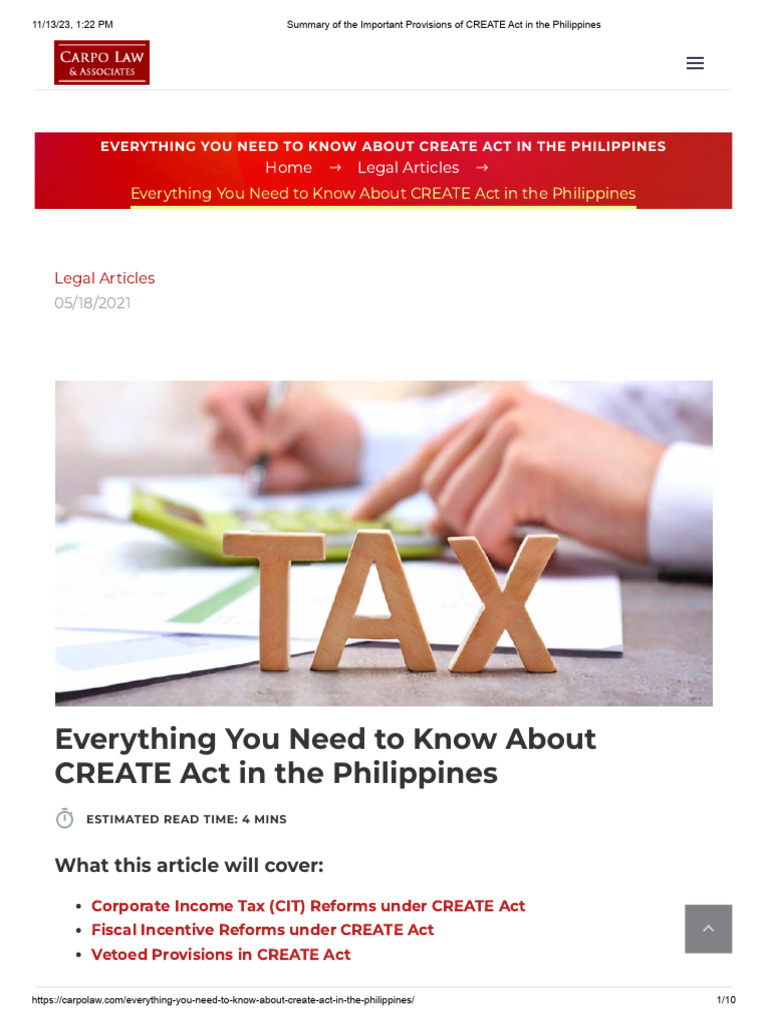 CREATE Act Provisions Summary Philippines | PDF | Taxes | Capital Gains Tax