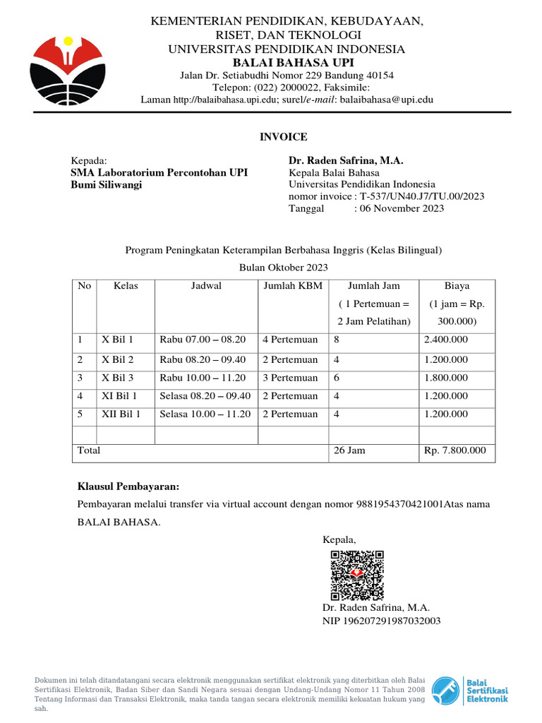 T537 Invoice SMA Laboratorium Percontohan UPI Kelas Bilingual Bulan