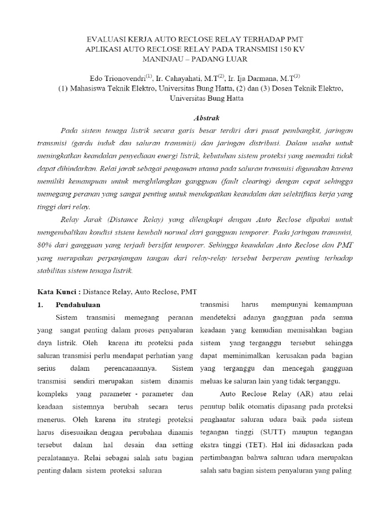 EVALUASI KERJA AUTO RECLOSE RELAY TERHADAP PMT APLIKASI AUTO RECLOSE