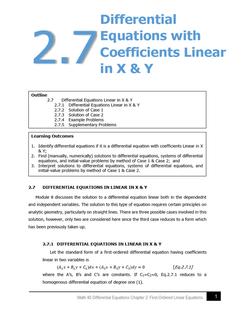 2.7 Differential Equations With Coefficients Linear in X Y - Hand Out ...