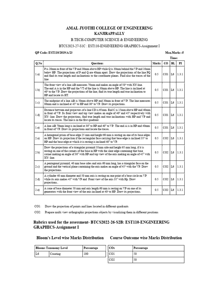 Engineering Graphics Assignment I | PDF | Science & Mathematics