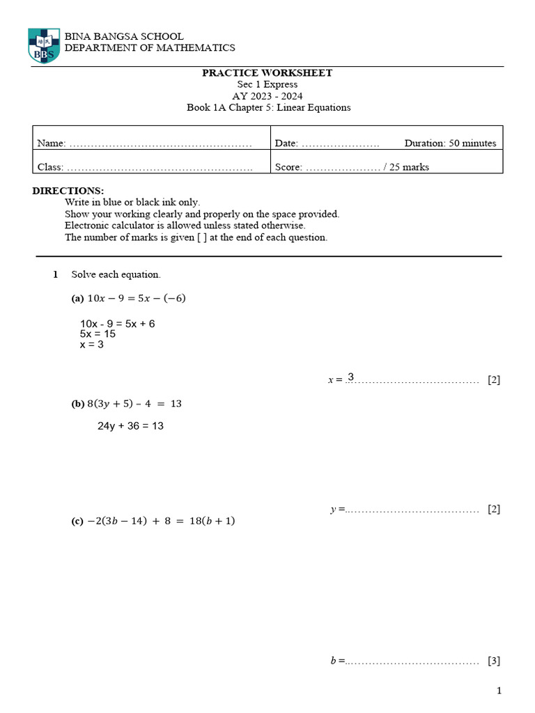 Linear Equations Practice Worksheet | PDF | Equations | Mathematical ...