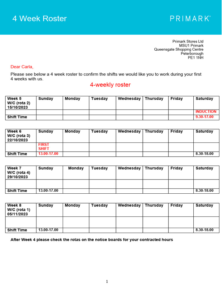 Primark 4-Week Shift Roster | PDF