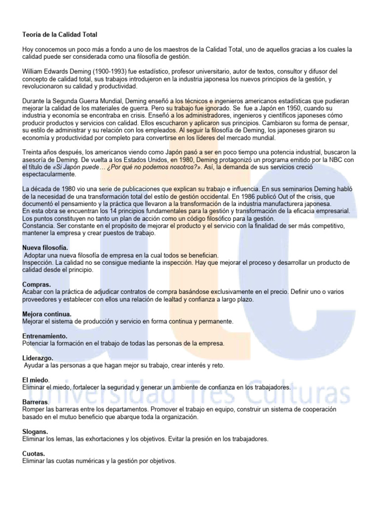 Teoría de la Calidad Total de Deming | PDF | Calidad (comercial) | Business