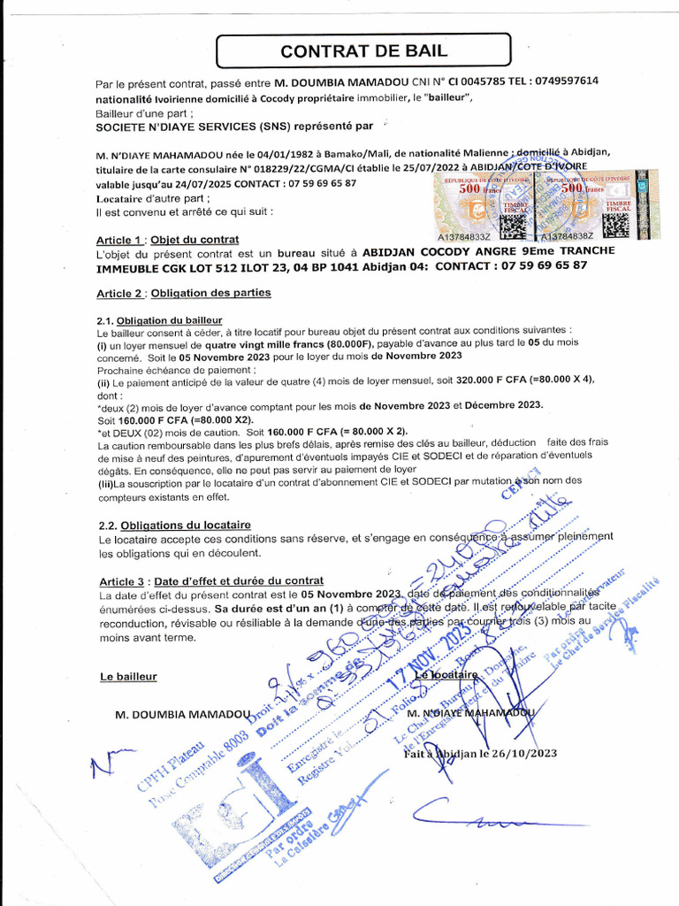 Modèle de contrat de bail Abidjan 2023 | PDF | Contrat en droit | Loi ...