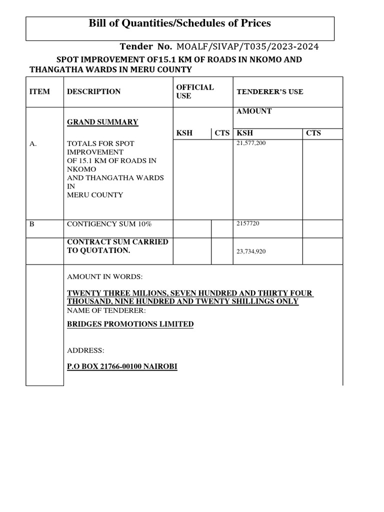 Filled Bill of Quantity PDF Civil Engineering Building Engineering