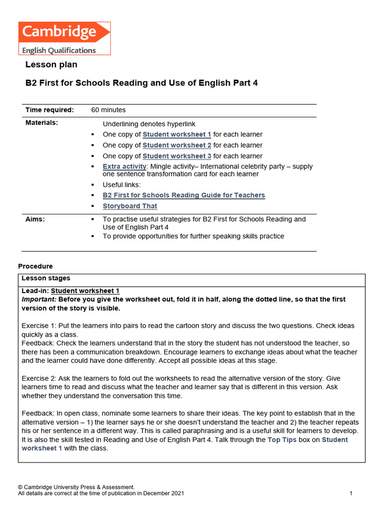 Cambridge english b2 first for schools reading and use of english part
