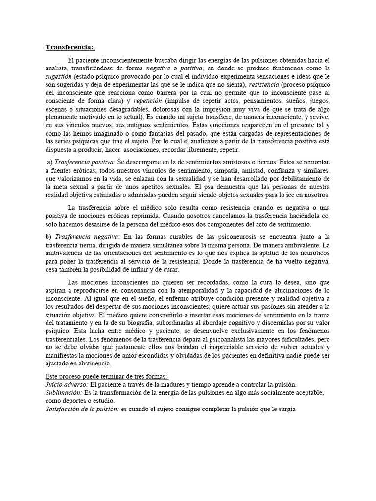 Transferencia en Psicoanalisis PDF Mente inconsciente Neurosis