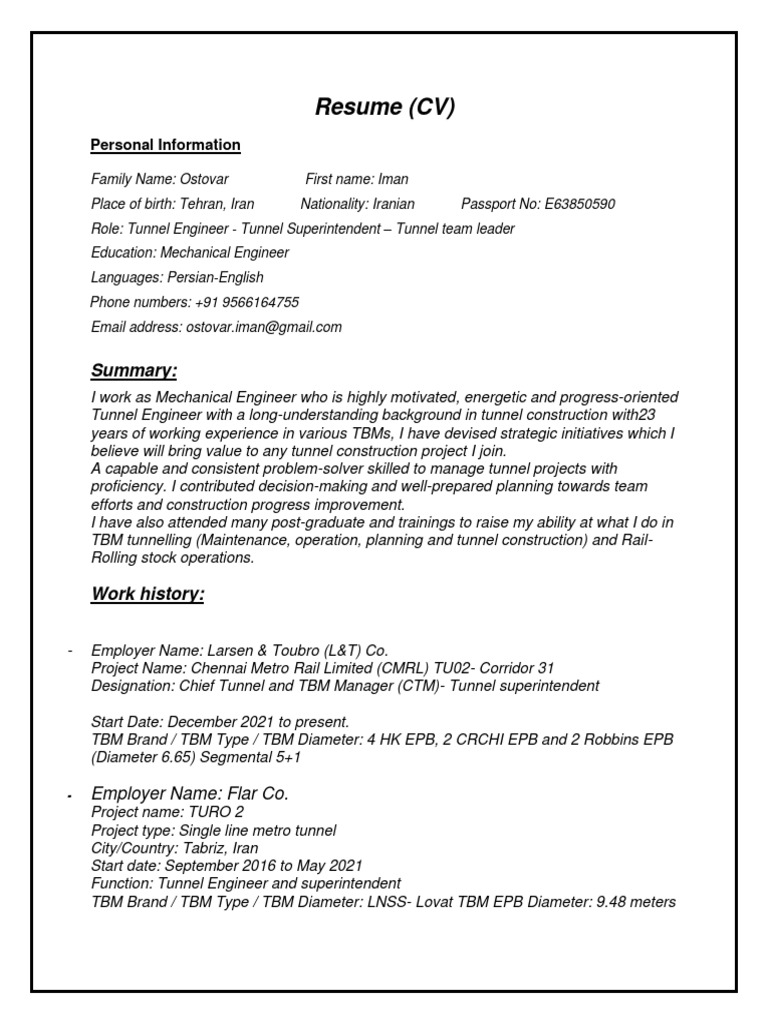 1resume Iman Ostovar | PDF | Tunnel | Civil Engineering