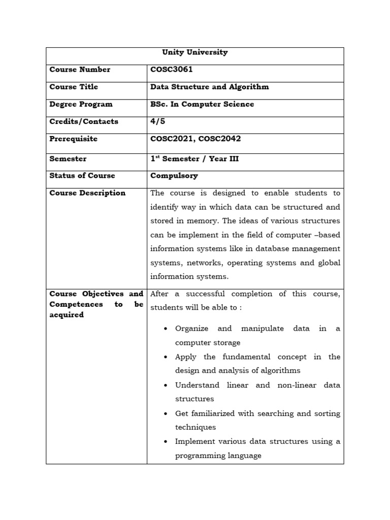 Data Structure and Algorithms Course Outline | PDF | Databases | Data ...