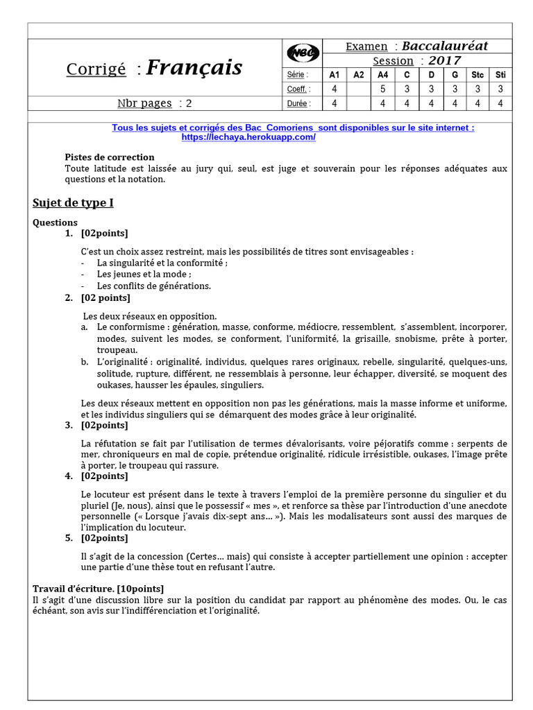 Stock LesPdf Examens BAC Comores Corr 2017 Comores Corr C Francais Bac ...