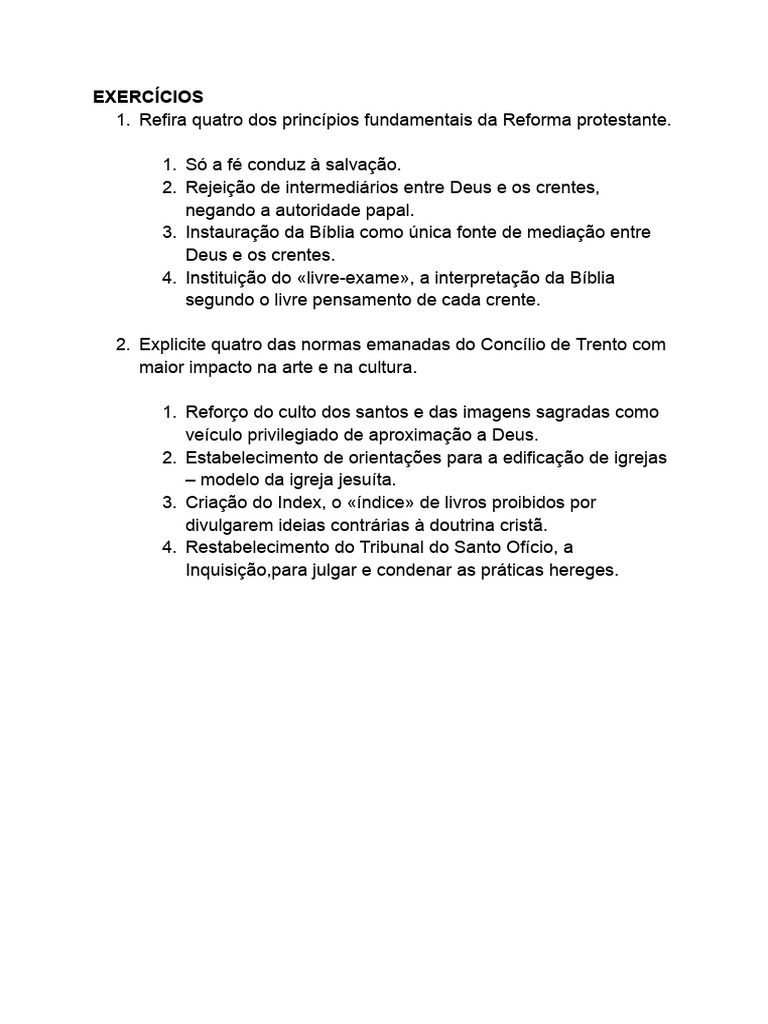 Exercícios Sobre Reforma Protestante PDF