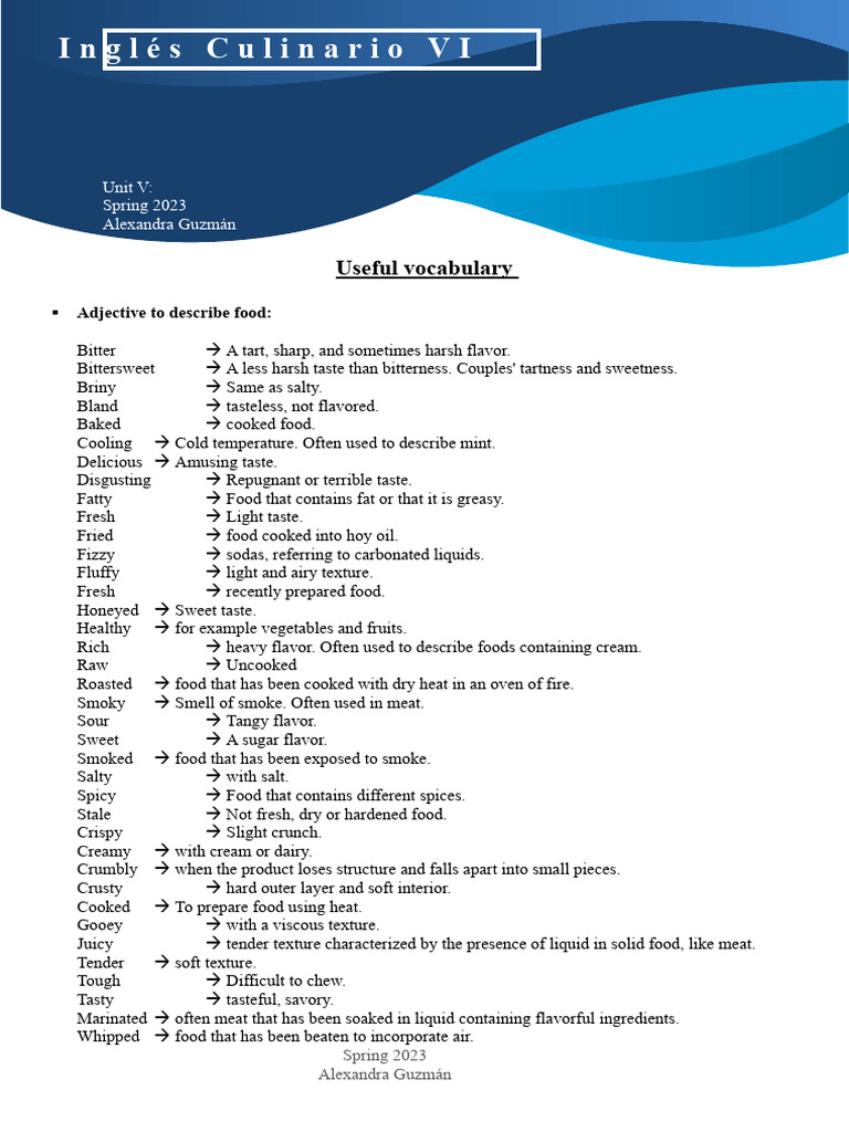 Inglés Culinario VI_Unit IV_Adjectives to describe food_Review PDF