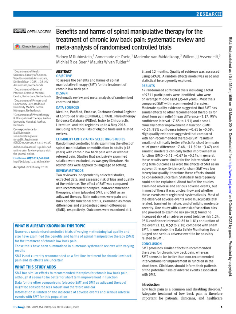 Benefits and Harms of Spinal Manipulative Therapy For The Treatment of