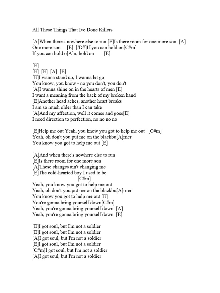 All These Things That I've Done Lyrics PDF Songs Musical