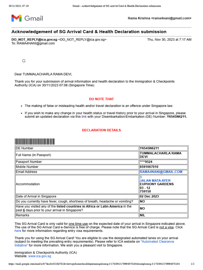 SG Arrival Card Submission Acknowledgment | PDF | International Law ...