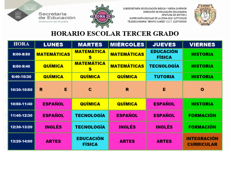 Horario Escolar Tercer Grado 2023 PDF