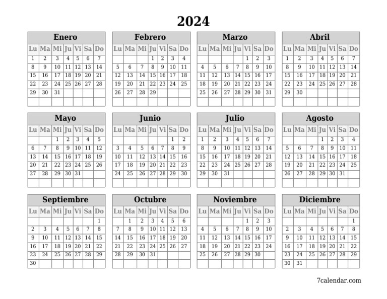 Calendario Anual 2024 para Imprimir | PDF