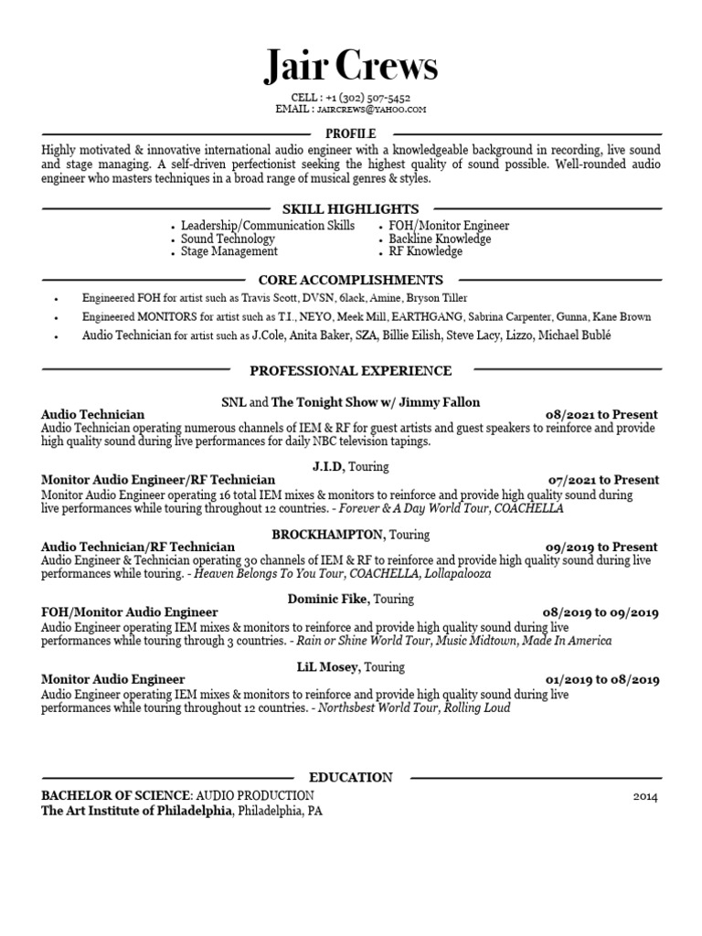 Jaircrews Resume 2024 PDF Audio Engineer Sound Production