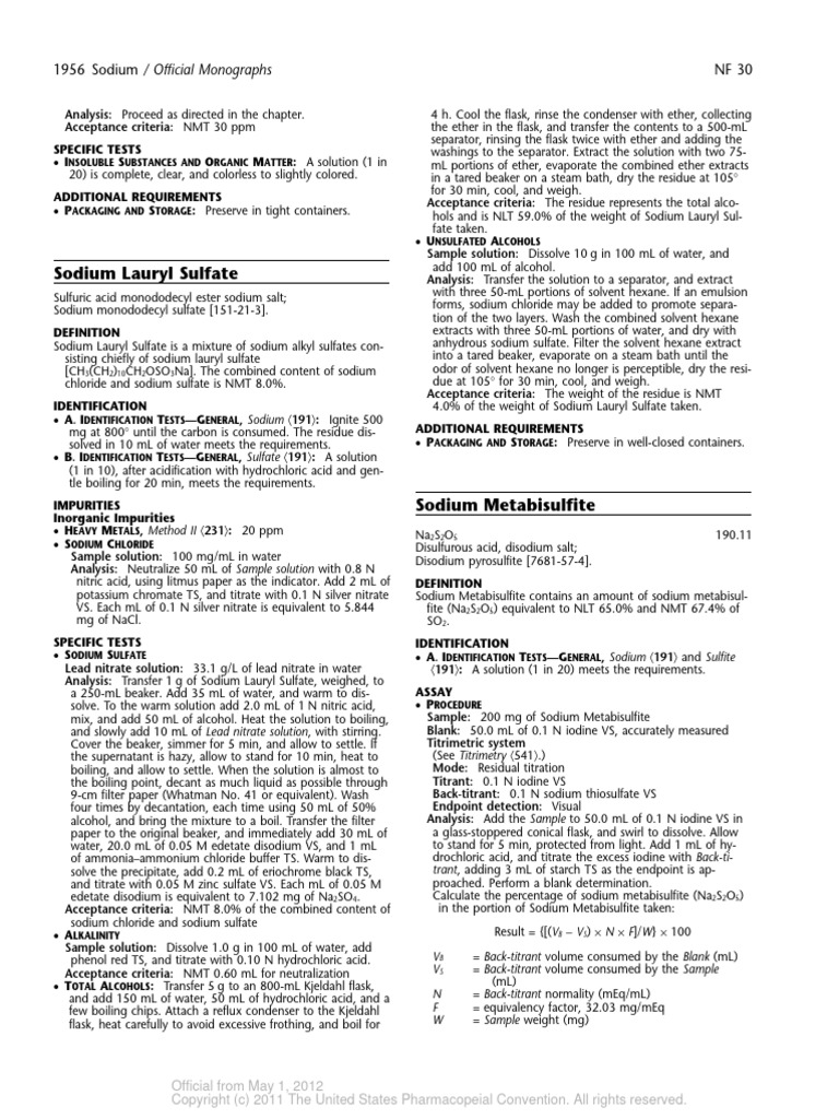 1956-1957 Sodium Metabisulfite | PDF | Chemistry | Titration