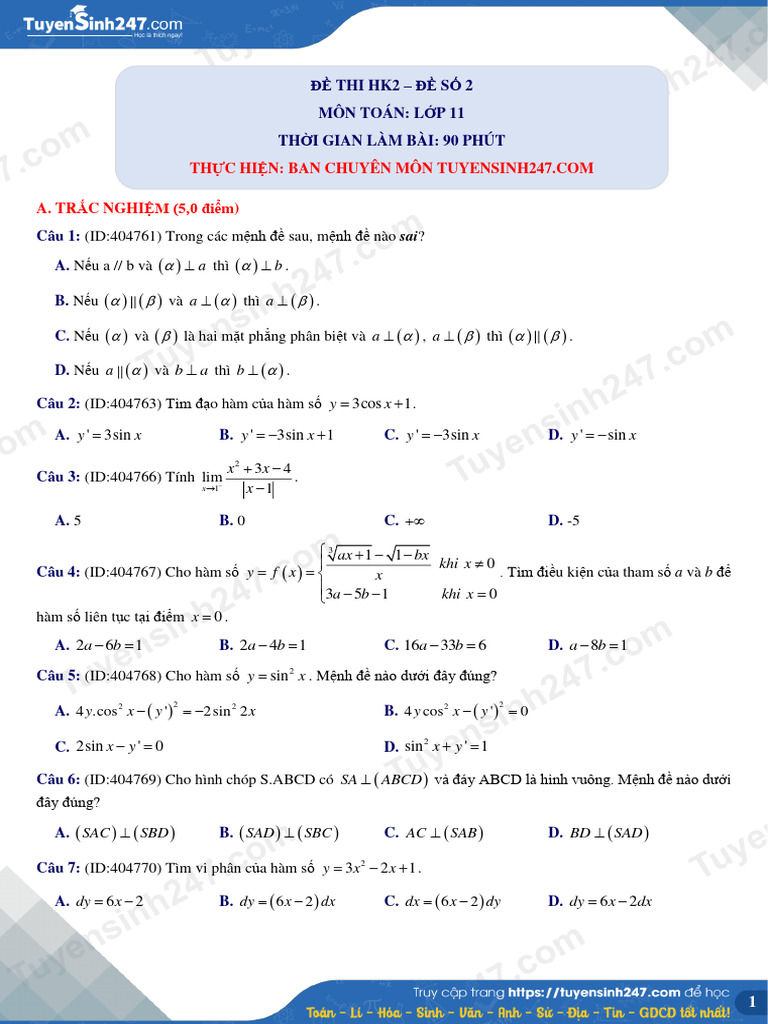 TS247 DT de Thi hk2 Mon Toan Lop 11 de So 2 75451 1648882004 | PDF