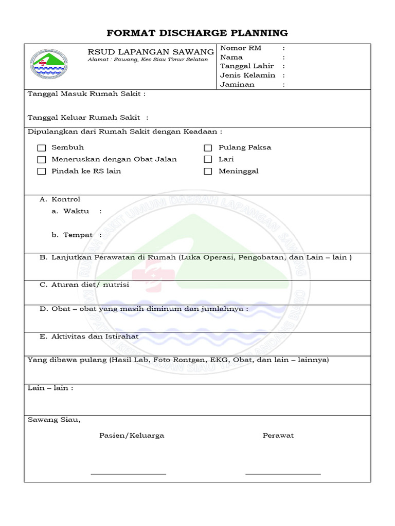 FORMAT DISCHARGE PLANNING (Sebelum Lembaran Pasien Pulang) | PDF