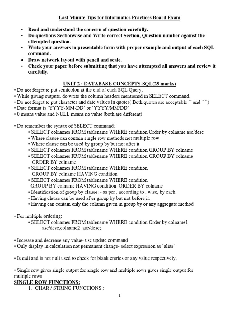 Last Minute SQL Tips for IP Exam | PDF | Computer Data | Data ...