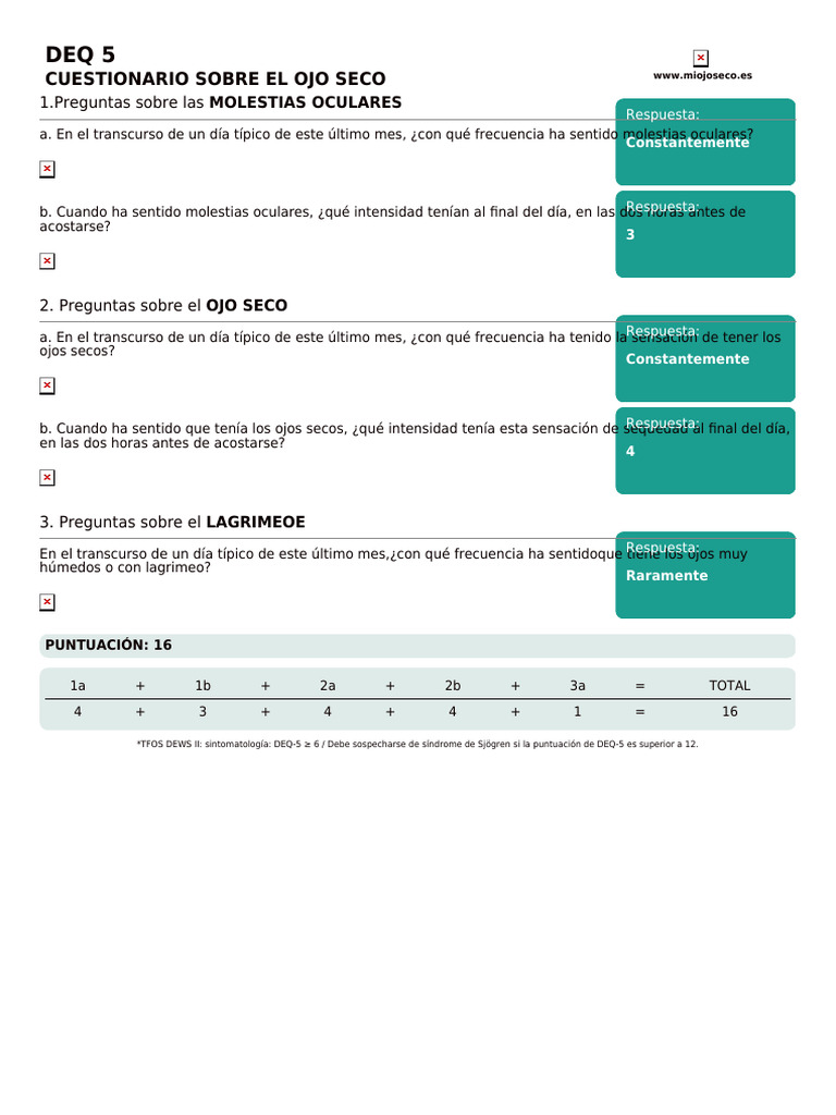 Cuestionario DEQ-5 sobre Ojo Seco | PDF