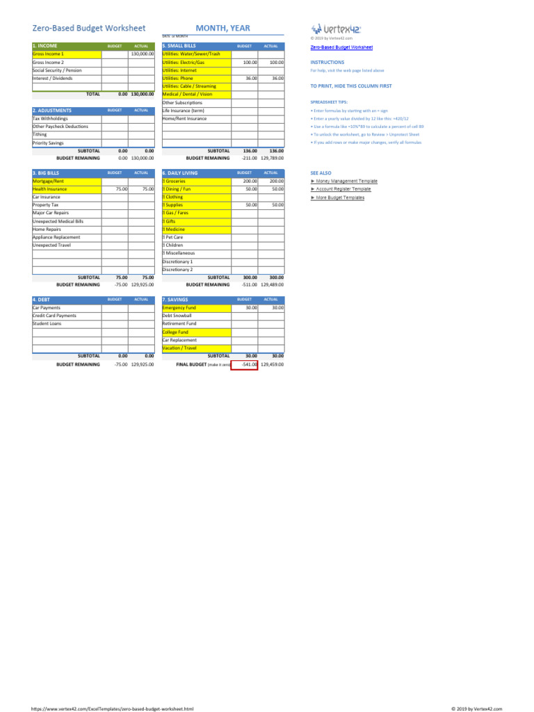 Zero Based Budget Worksheet Printable