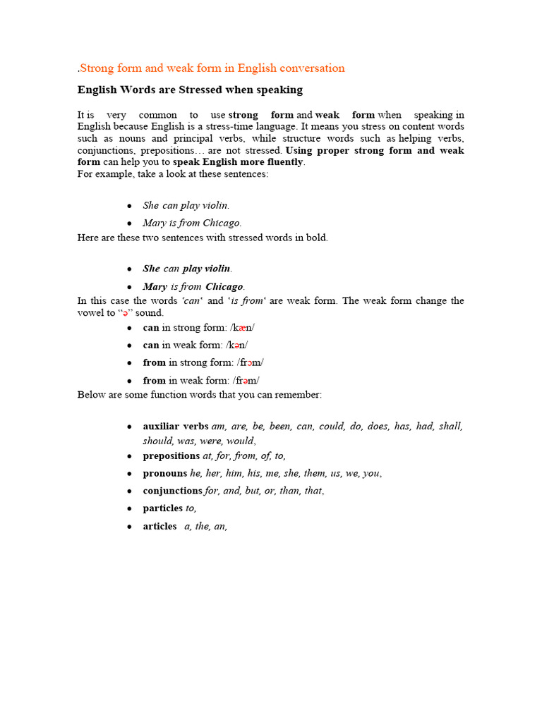 Strong Form and Weak Form in English Conversation-1 | PDF | English ...
