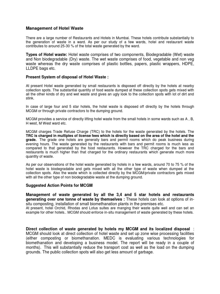 Management of Hotel Waste PDF Waste Management Waste