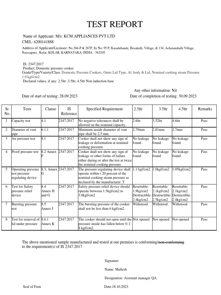 Test Report Format IS 2347 PDF Pressure Cooking Manufactured Goods