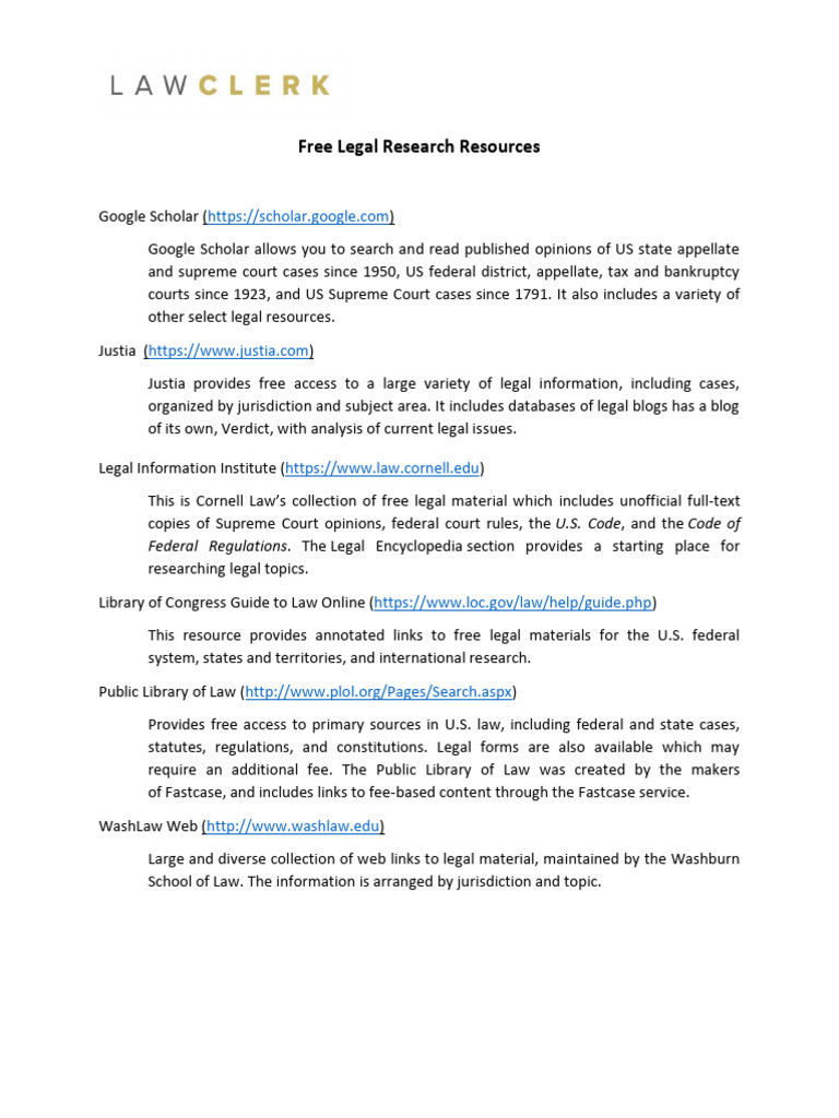 Free Legal Research Resources PDF Libraries Federal Government Of
