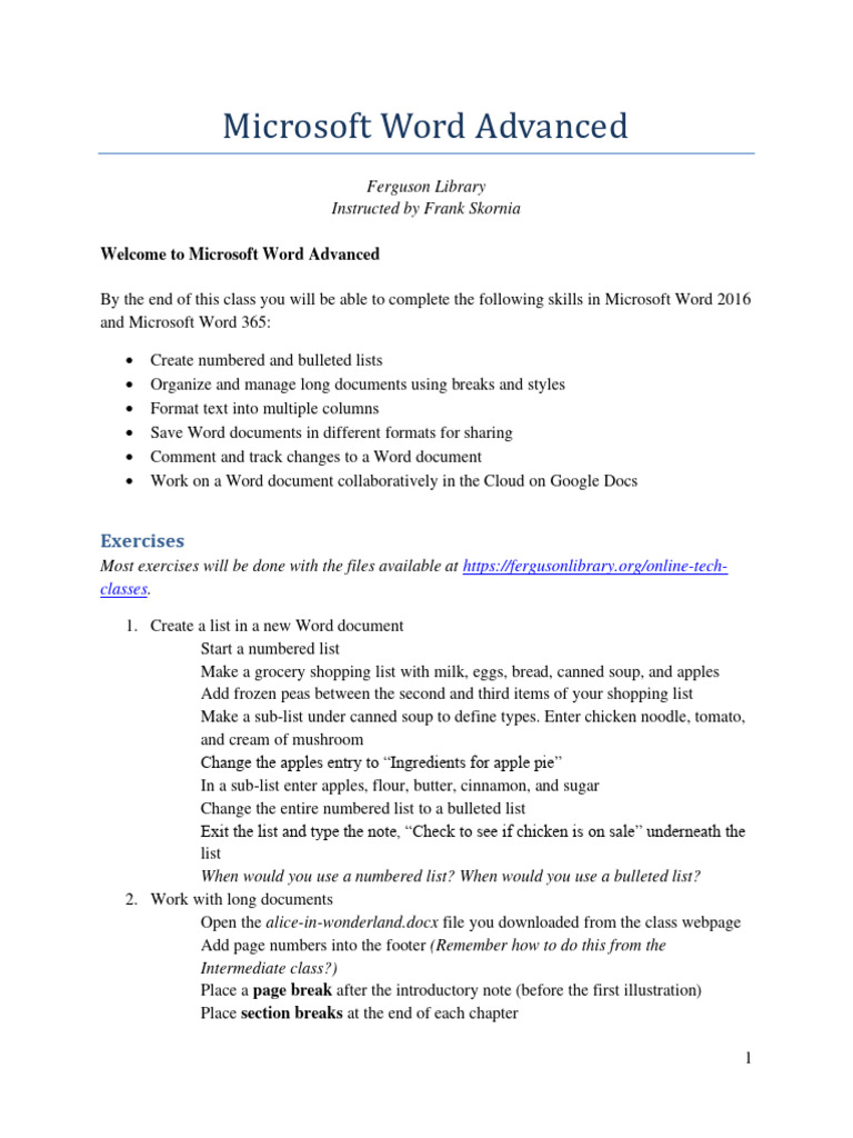 Advanced Microsoft Word Exercises | PDF | Microsoft Word | Software