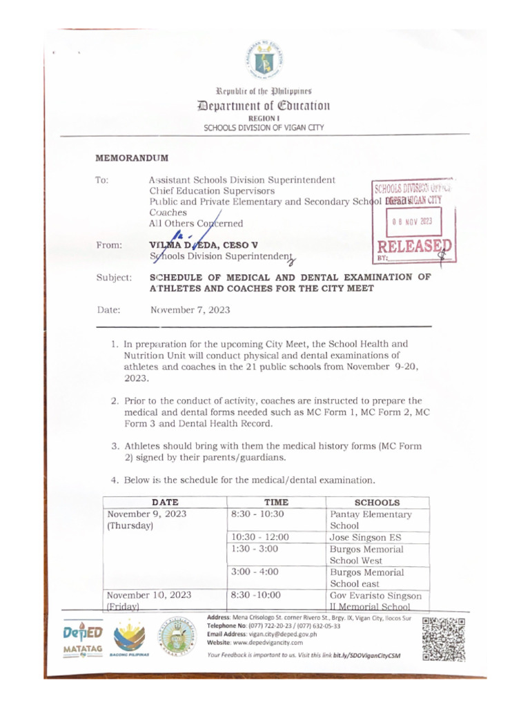 Schedule of Medical and Dental Examination of Athletes and Coaches For ...