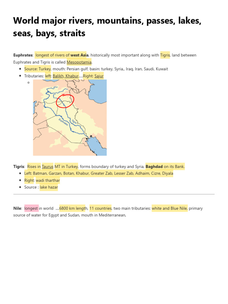 World Major Rivers, Mountains, Passes, Lakes, Seas, Bays, Straits | PDF ...