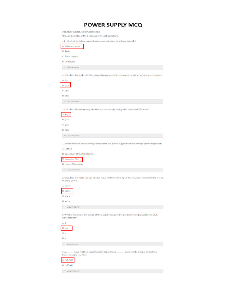 Power Supplies MCQ & Fill in The Blanks PDF
