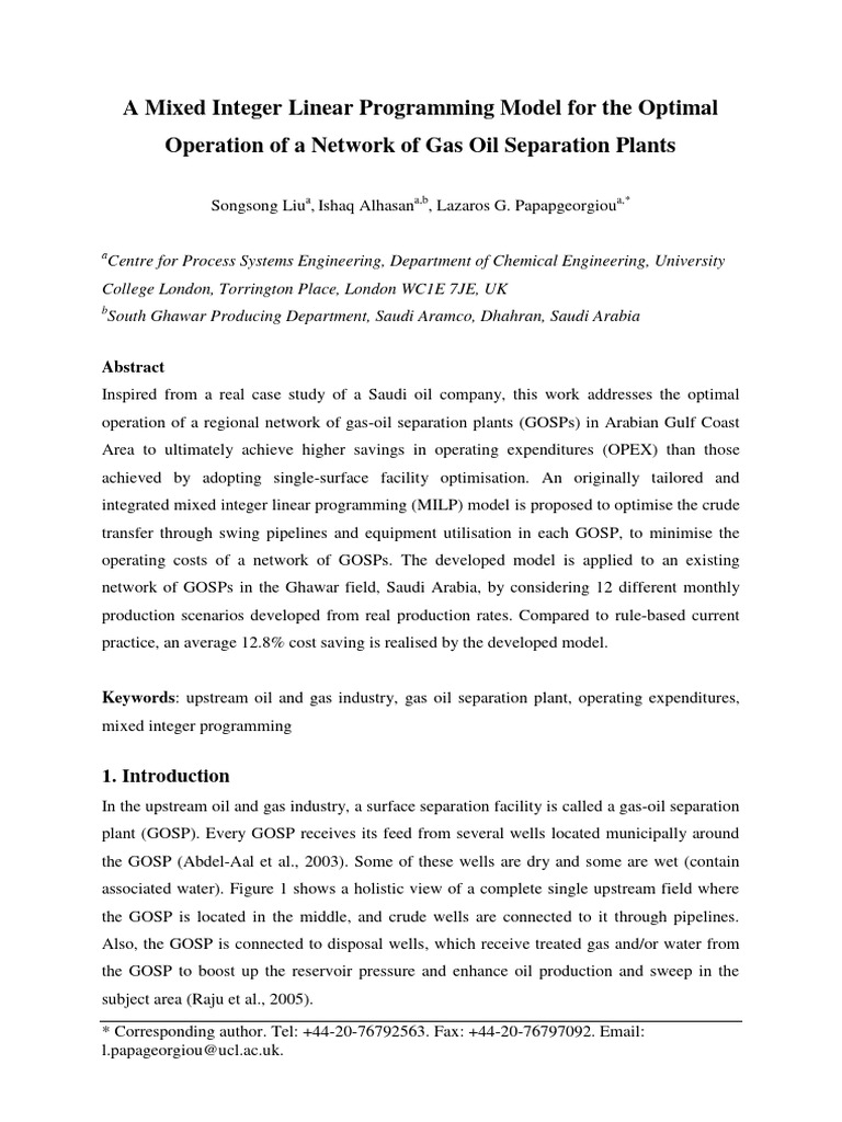 A Mixed Integer Linear Programming Model For The Optimal Operation of A ...