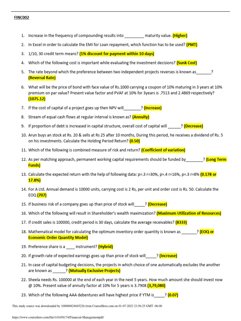 Financial Management Concepts and Calculations | PDF | Cost Of Capital ...
