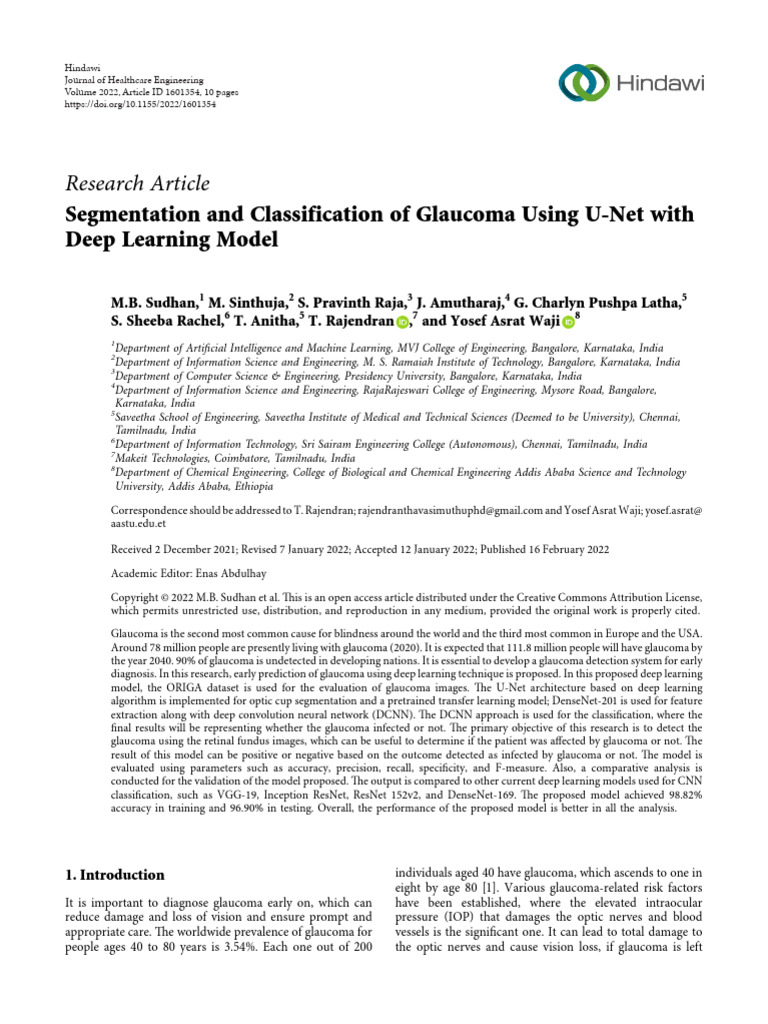 Research article segmentation and classification of glaucoma using u